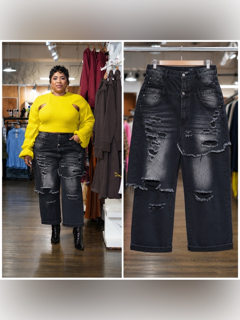 NWT Sunwon Distressed High Rise Wide Leg Jeans 2XL Black Denim Plus Size